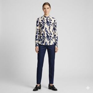 Express Relaxed Pleated Portofino Shirt Small Navy Cream Floral Button Up S